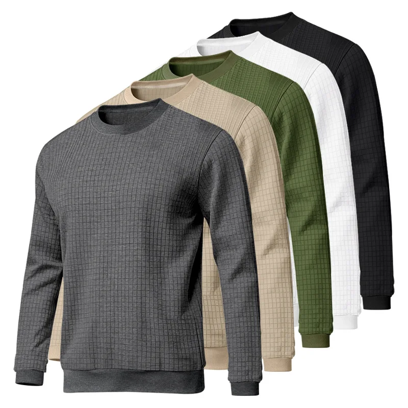 تي شيرت رجالي محبوك بسيط وغير رسمي برقبة دائرية وأكمام طويلة ونمط مربعات صغيرة لخريف وشتاء #6