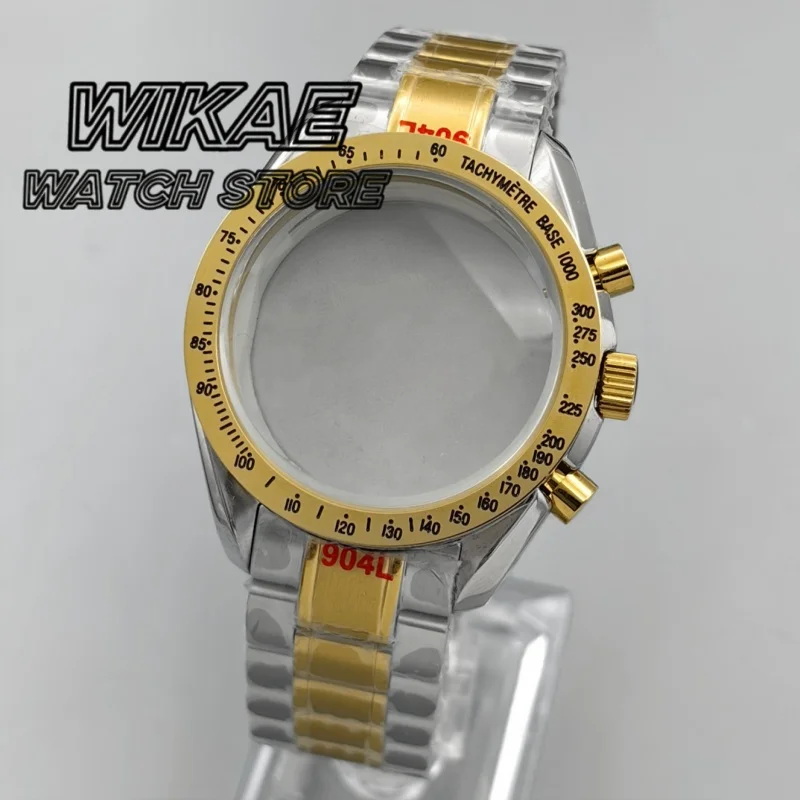 40mm VK63 Two tone Gold Moon Watch Case Black Gold Insert With Coated Glass For VK63 Quartz Chronograph Movement Watch Part