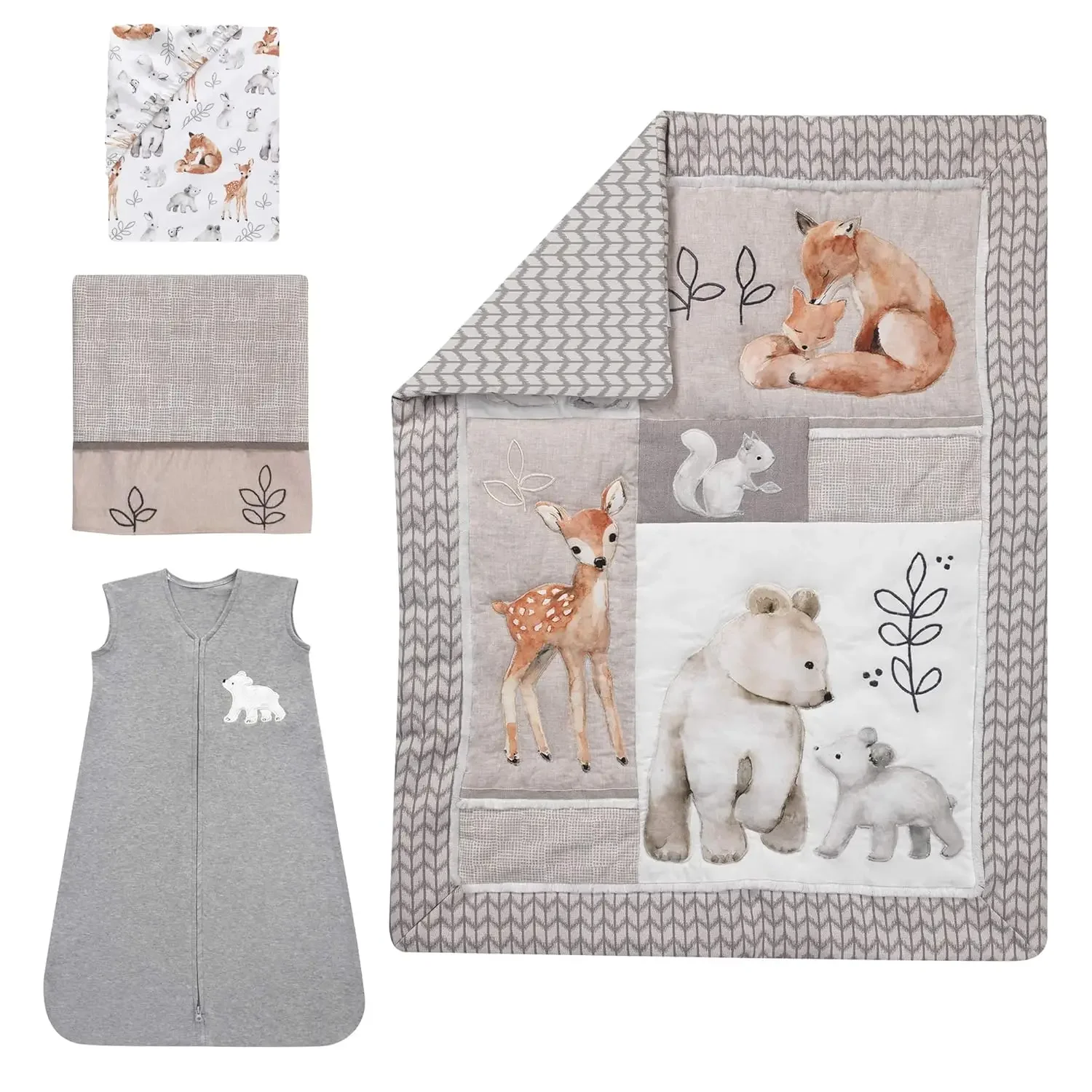 Lambs & Ivy Painted Forest 4-Piece Crib Bedding Set - Gray, Beige, White