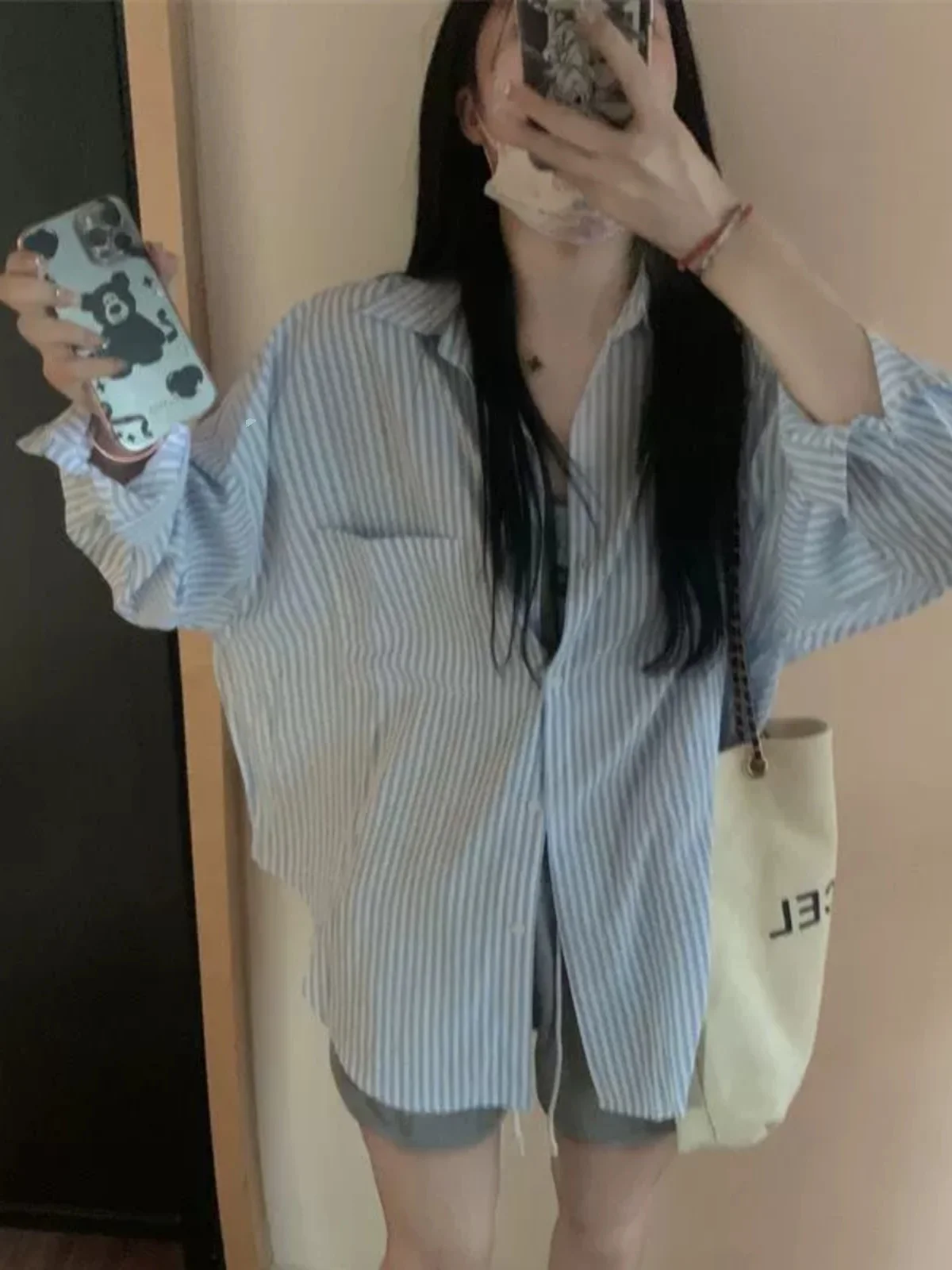 سترة قميص فضفاضة بأكمام طويلة مخططة باللون الأزرق للنساء، تصميم جديد لربيع وخريف، ملابس خارجية كارديجان قصيرة #4