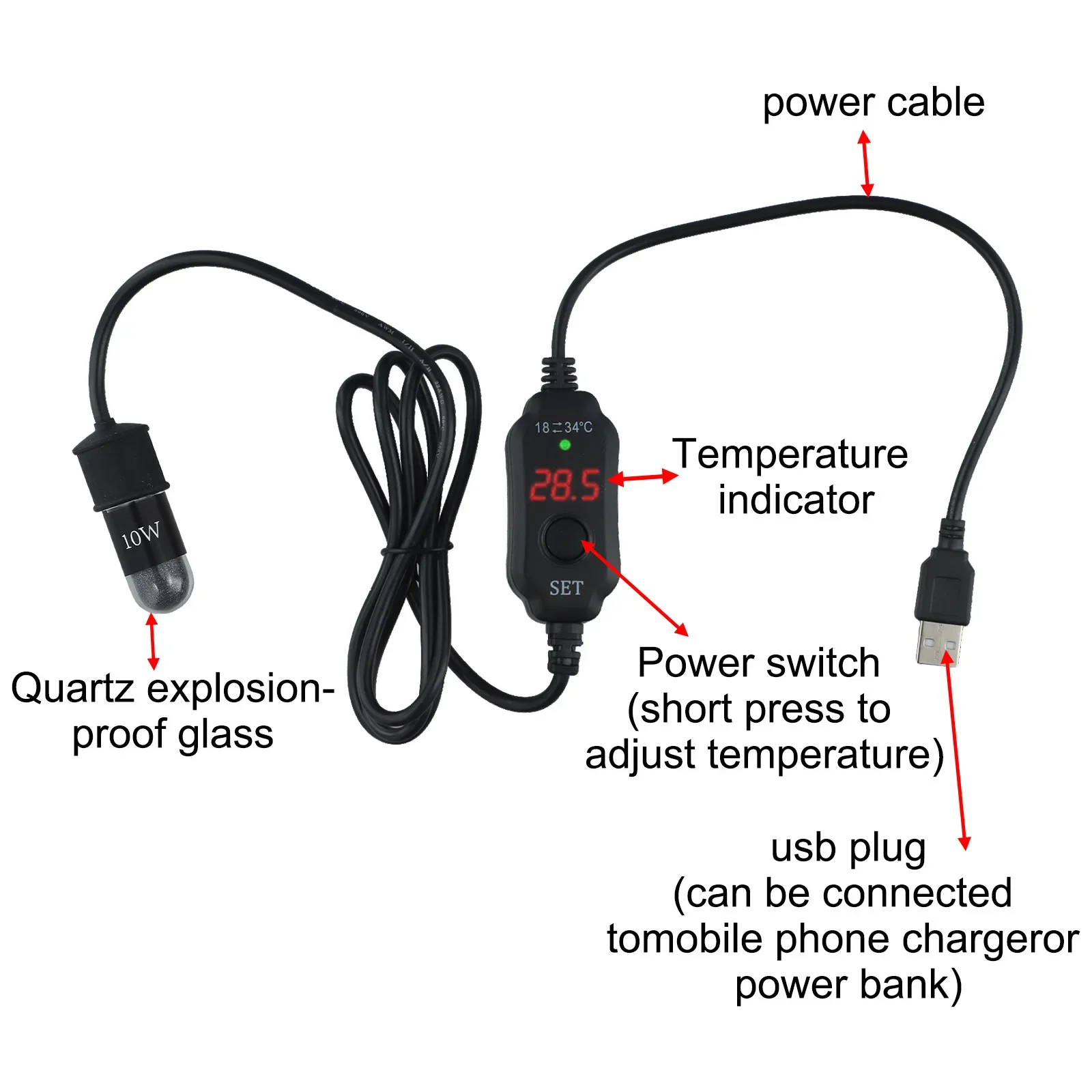 Aquarium Heater Adjustable Submersible Fish Tank Heater 5V Digital Display External Temperature Controller 18-34°C USB Mini