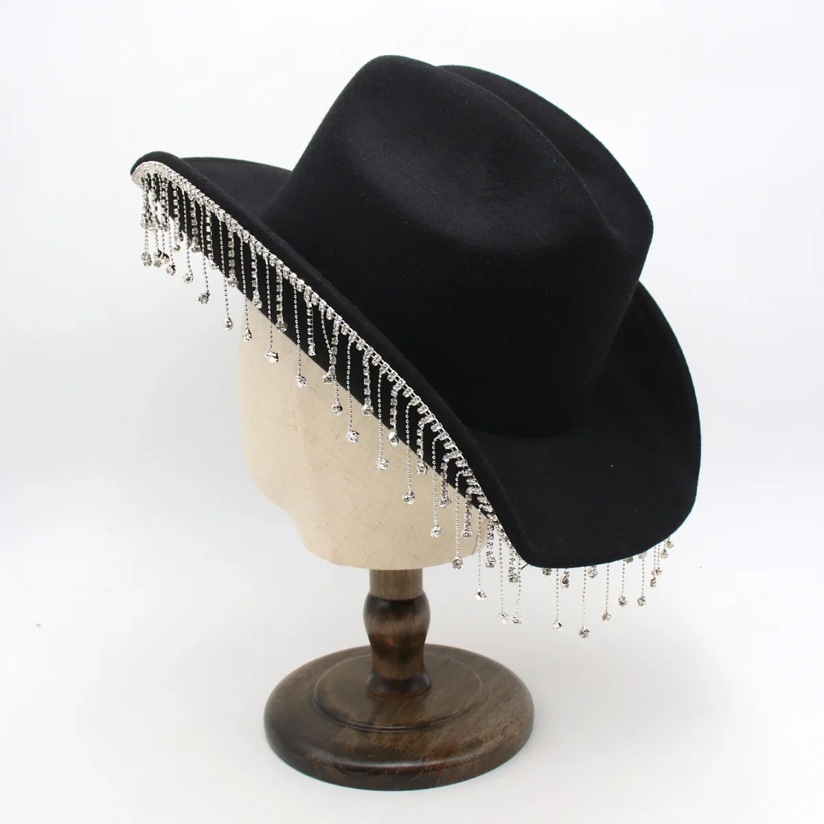 Fluorescent Colorful Tassel Women\'s Cowboy Hat Rhinestone Fringe Black Western Cowgirl Hats Bride Crystal Solid Party Dress Hats