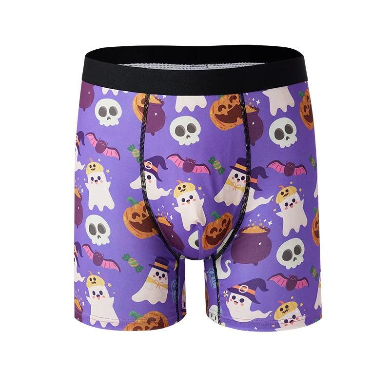 

2PCS Men's Underwear Halloween Funny Cartoon Breathable Comfortable Boxer Briefs Mid Waist Long Legs Flat Corner Underpants