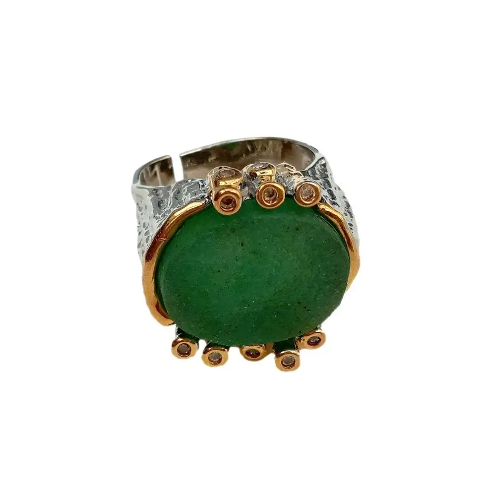 KKGEM CZ Pave 18x20mm Natural Green Fluorite Rough Real Stone Ring Gold Plated Adjustable Rings 3