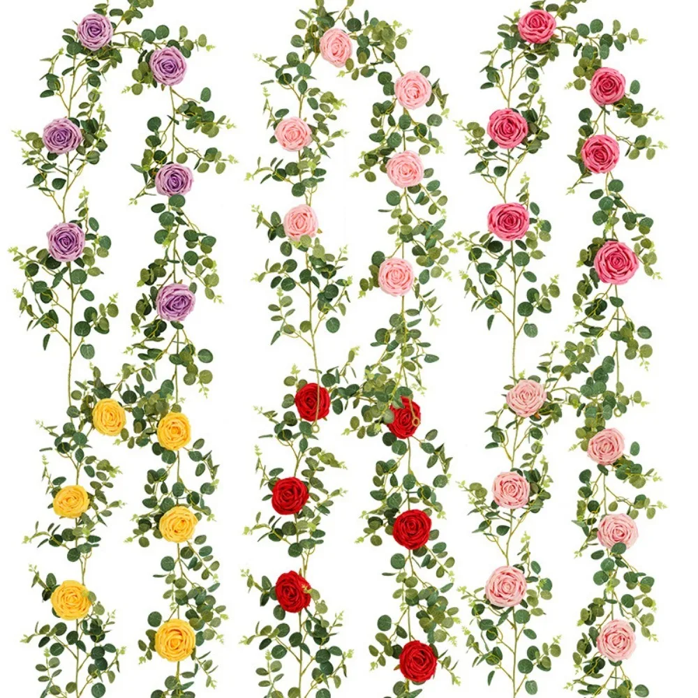 1 قطعة نبات اصطناعي من الحرير الوردي والأوراق الخضراء المعلقة على الحائط لتزيين المنزل ومستلزمات حفلات أعياد الميلاد