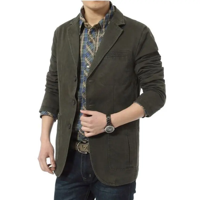 Men\'s Vintage Casual Washed Cotton 3 Buttons Twill Suit Jacket Sport Coat Blazer Spring Autumn