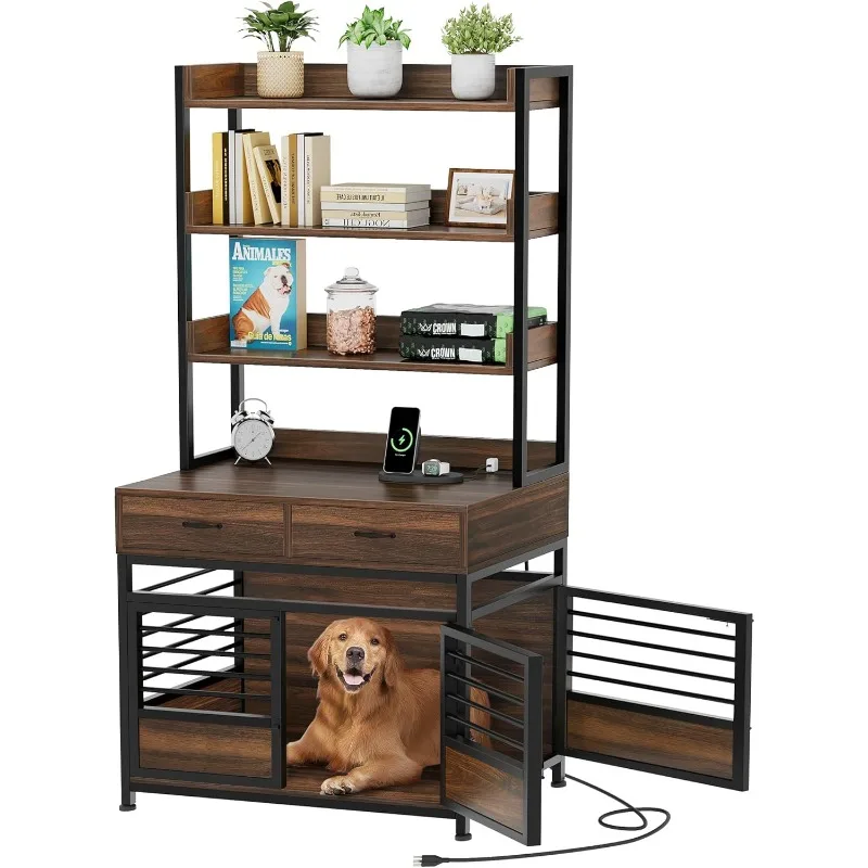 Crate Furniture with Storage Shelves, Heavy Duty Dog Crate with Drawers & Charging Station, 39 Inch Dog Kennel Indoor