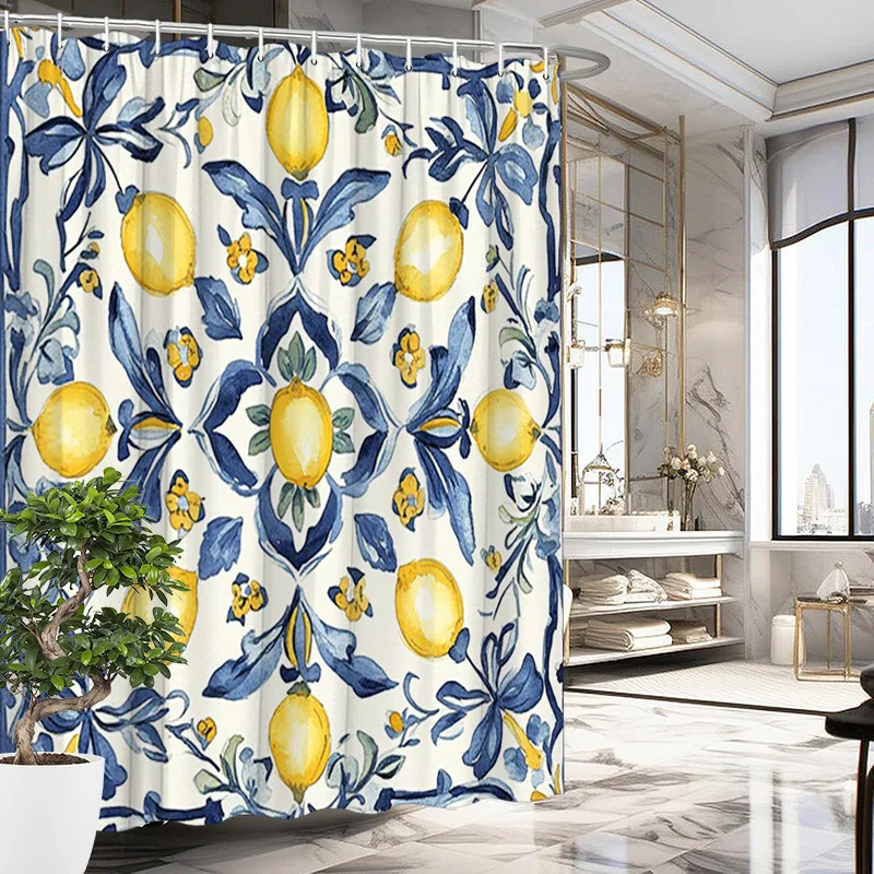 1pc Lemon & Blue Foliage Shower Curtain - Mediterranean Watercolor, Cream Background, 70.8x70.8