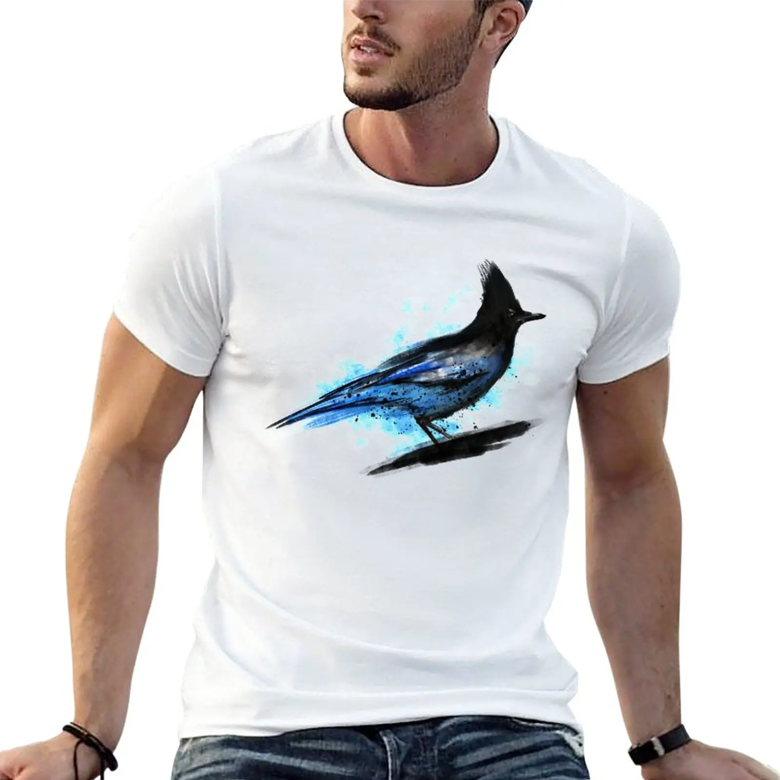 Dramabite Watercolour stellar blue jay bird artistic artsy animal painting T-Shirt Short sleeve men workout shirt