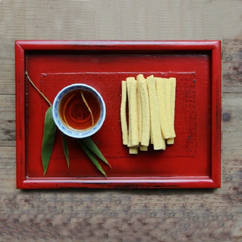 

Holiday Party Japanese Style Wooden Tray Nut Snack Plate Red and Black Square Flat Dish