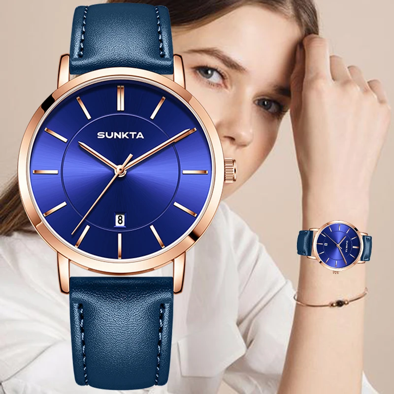 SUNKTA 2026 simple Women's Watch luxury date leather waterproof women's quartz wrist watch elegant Ladies clock reloj de mujer