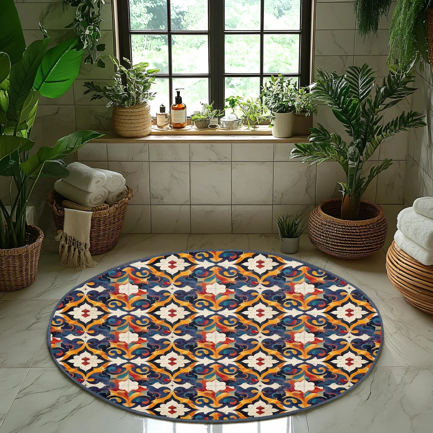 Ethnic Style Round Carpet, Moroccan Tile Pattern, Blue Velvet