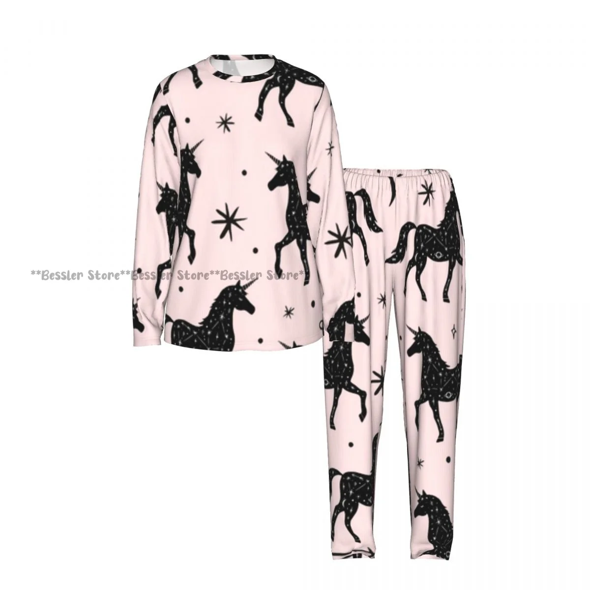 Ladies Soft Pajamas Set Unicorns Moon And Stars Space Constellations Round Neck Long Sleeve Long Pants Casual Loose Homewear