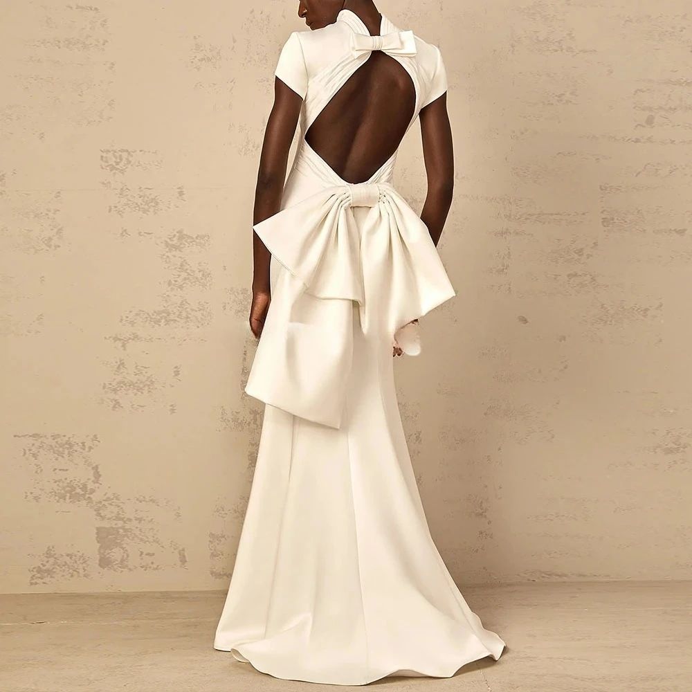 Simin Women's Customized High Neck Backless Bow Saudi Evening Dresses With Short Sleeves Floor-Length Elegant Dresses 2026