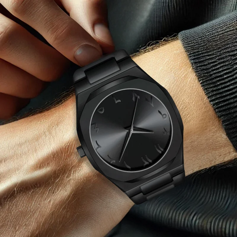 1 قطعة ساعة كوارتز بشريط أسود للرجال بتصميم بسيط ومتعددة الاستخدامات ومؤشر رقمي فريد من نوعه