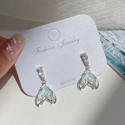 Exquisite Gradient Color Mermaid Tail Pendant Zircon Stud Earrings for Women Fashion Daily Accessory Party Jewelry Birthday Gift