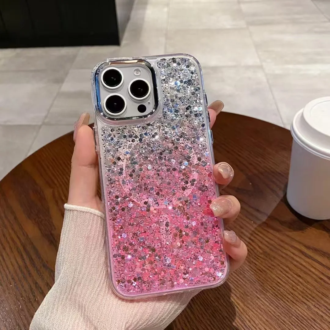 

Electroplated Bling Magnetic Magsafe Glitter Hard PC Phone Case for iPhone 16 15 14 13 12 11 Wireless Charge Cover