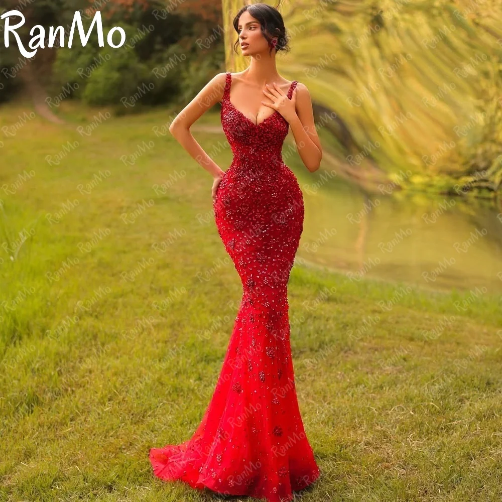 

Ranmo Luxury Red Spaghetti Strap Evening Dress Sleeveless Beaded Lace Customsied for Women 2025 Sexy Wedding Party Formal Gown