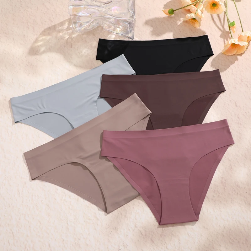 FINETOO 3Pcs/Set Seamless Panties Women Sexy Underwear Ice Silk Solid Briefs Low Waist Underpants Girls Soft Ultra-thin Lingerie