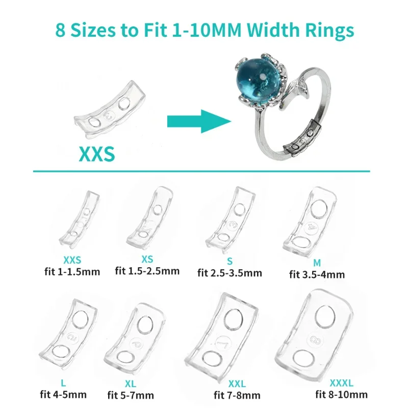 8 dimensioni Silicone invisibile trasparente dimensione dell'anello ridimensionatore anelli sciolti riduttore misuratore dell'anello adatto a qualsiasi anello tenditore degli strumenti dei gioielli