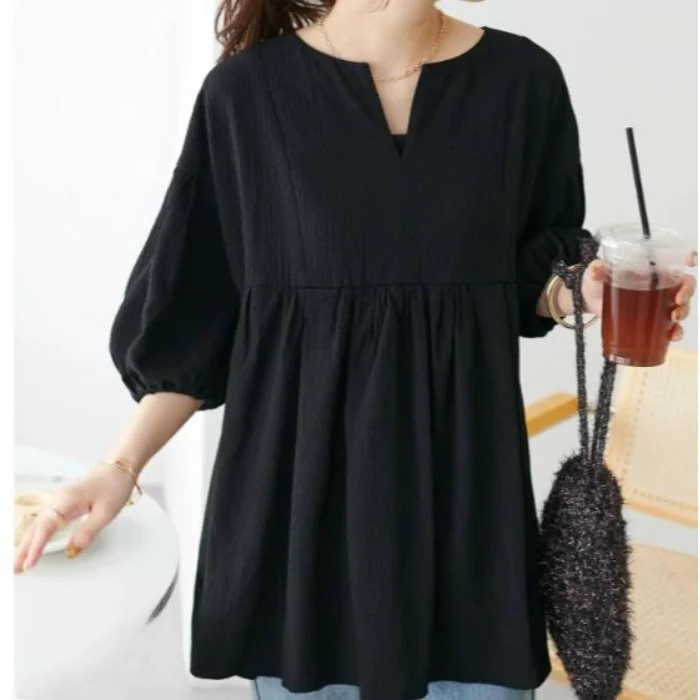 

Lotte Japanese Sle V-Ne Lantern Sve T-irt Women's Loose Fit Summer Slimming Versatile Mid-Sve Top Trendy