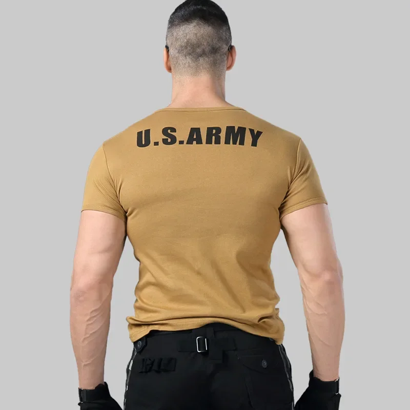 2024 Men\'s Army T Shirt Summer Military Cotton T-shirt Body Sculpting Short Sleeve High Elasticity Stretch Slim Fit Male Tshirt