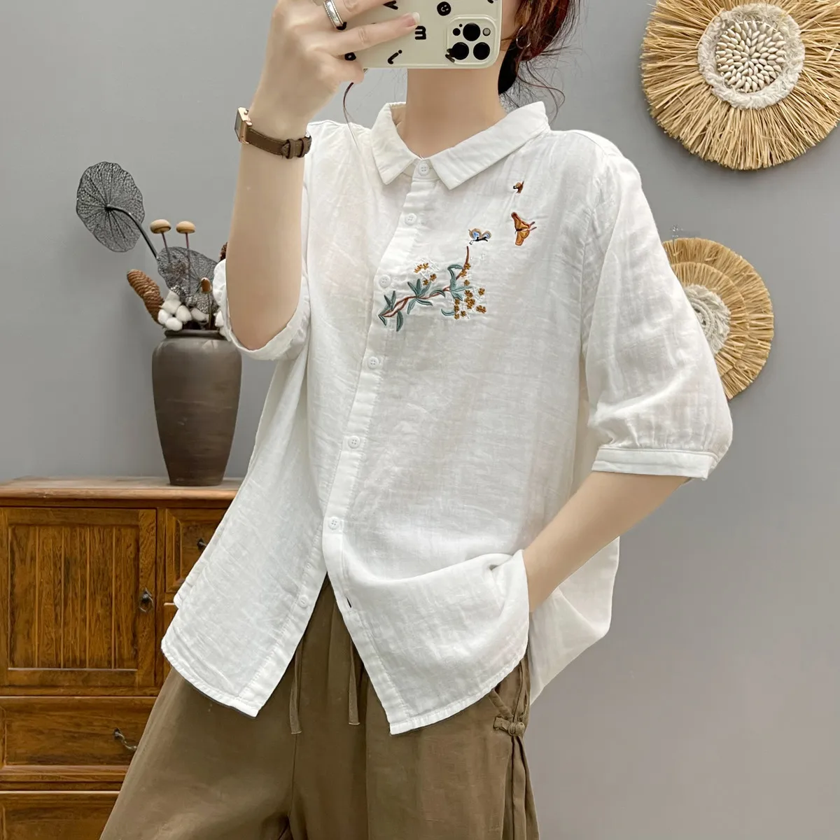 New Summer Cotton Yarn Half Sleeve Shirts Lapel Embroidery Tops Commute Girl Casual Sweet Loose OL Blouse 2024 Autumn T465100QC