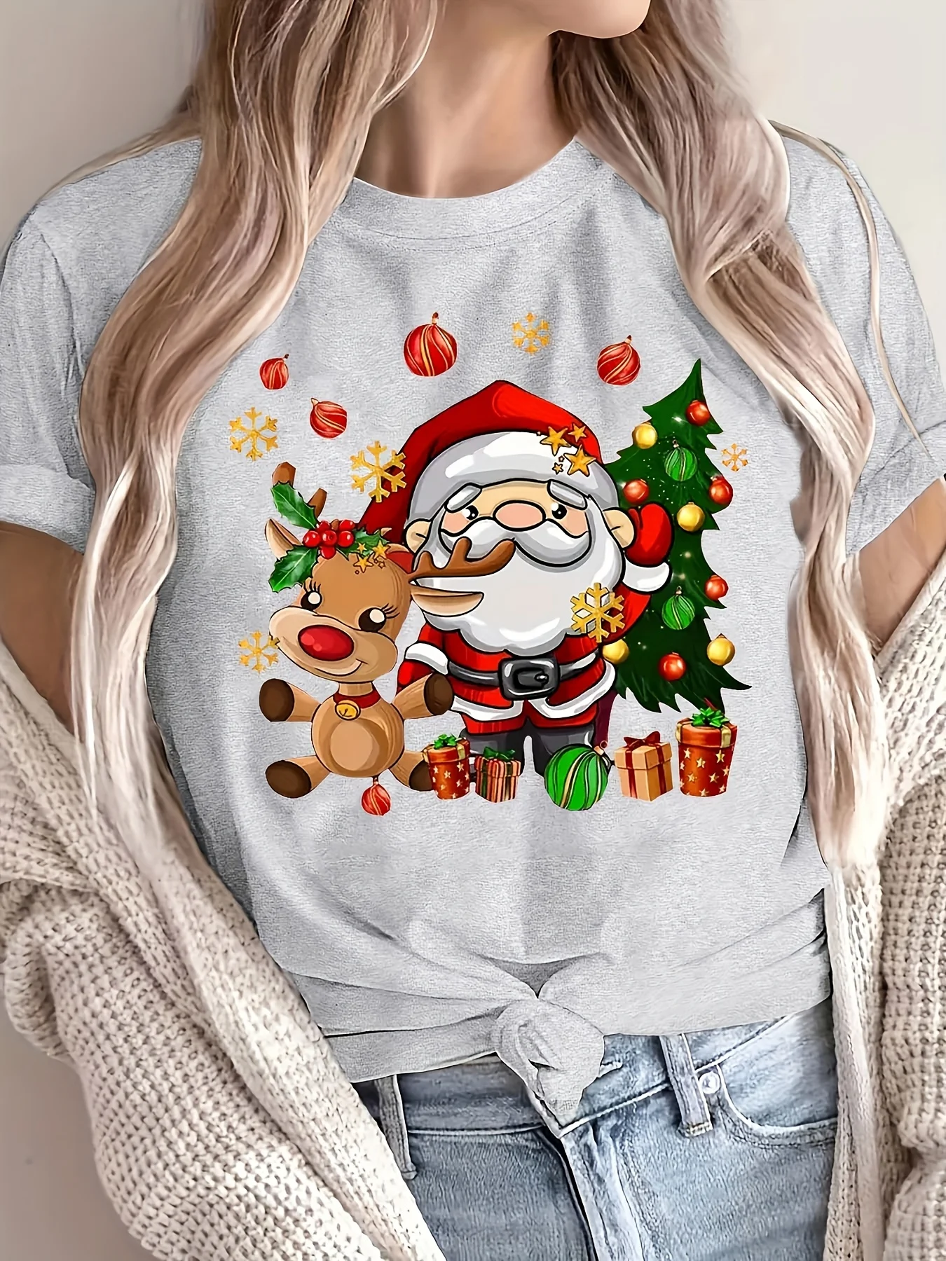 عيد الميلاد سانتا والرنة طباعة طاقم الرقبة تي شيرت Harajuku كم المرأة تي شيرت الملابس الشارع بلايز تيز الملابس الجمالية