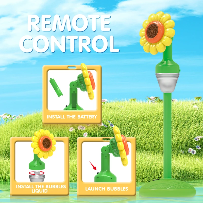 Ferngesteuerte Sonnenblumenblasen-Partyspiele, elektrischer automatischer Blasenmacher, Ton, Licht, Blasenspielzeug, Kinderspielzeug, Mädchen und Jungen