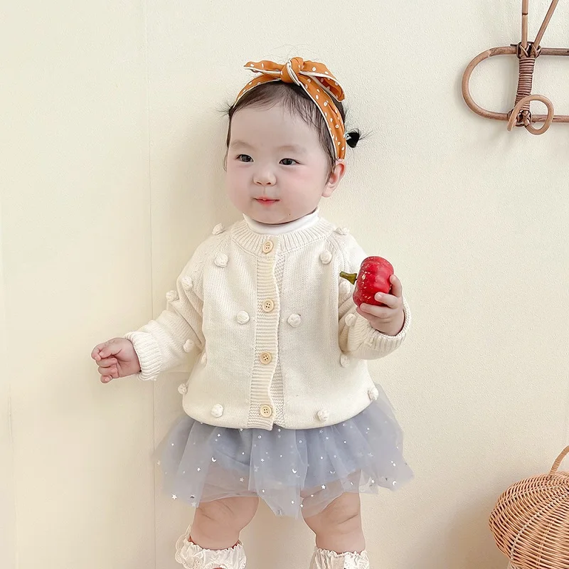 

Cute Children Girl Sweater Long Sleeve Solid Color Ball Knitting Cardigans Princess Baby Knitwear Autumn Winter Clothes 0-6Years