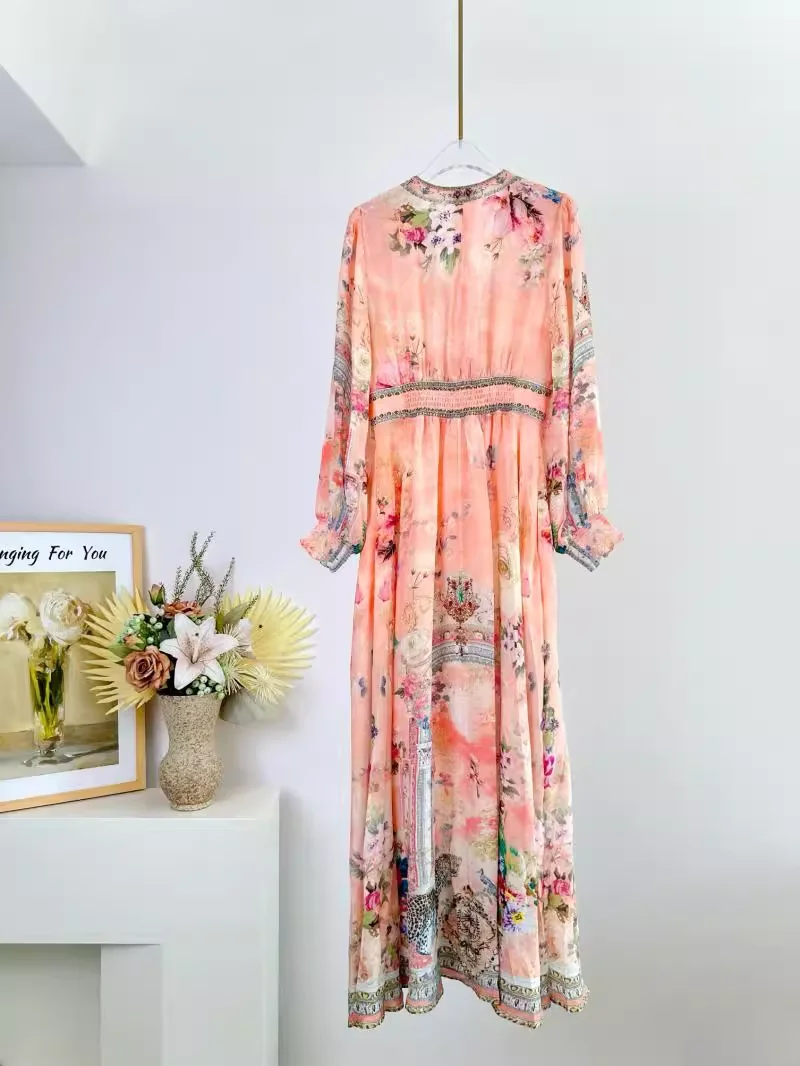 Robe Maxi pour femmes, imprimé floral rose, perles lourdes, col en v, taille haute, manches longues, élégante, 100% soie