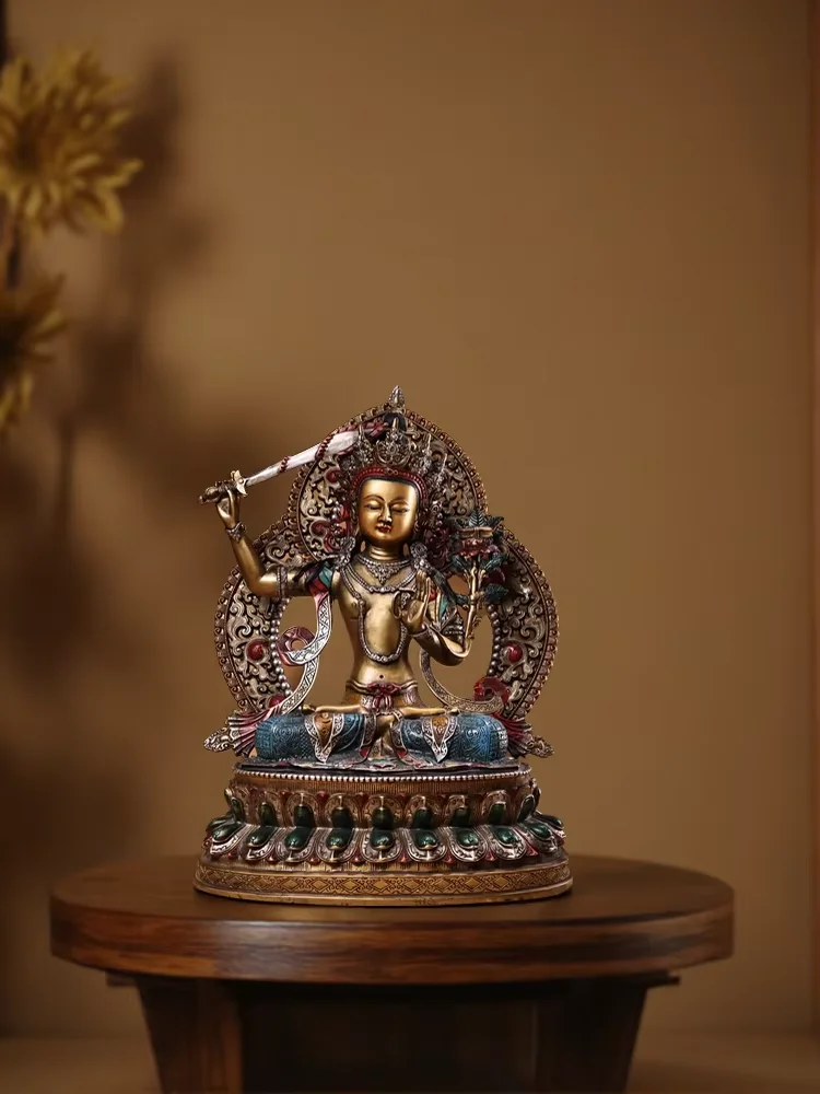 19“Old Bronze Painted Manjushri Bodhisattva Sitting Buddha Pattern texture backlight Buddha Terrace Worship Hall