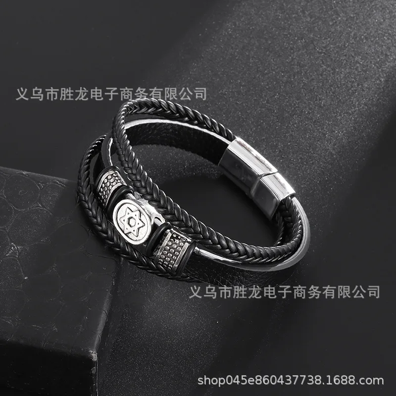 GothicPunk EasyFashion Originality Individuality Leather Bracelet Magnet Bracelet for men Accessory Multilayer braiding Hexagram