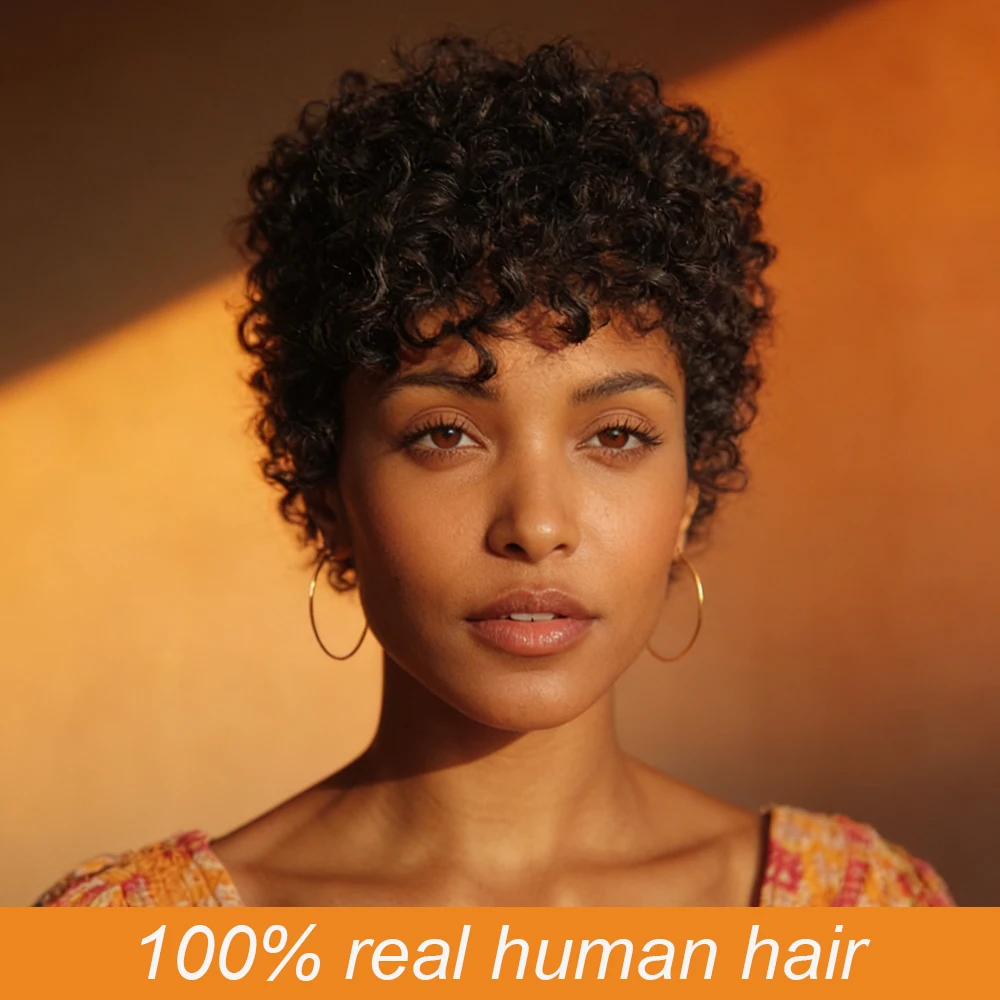 

Короткий парик Pixie Cut с многослойной текстурой и кудрями для женщин, из 100% натуральных бразильских человеческих волос, полностью машинной работы, черный цвет, естественный и реалистичный вид.