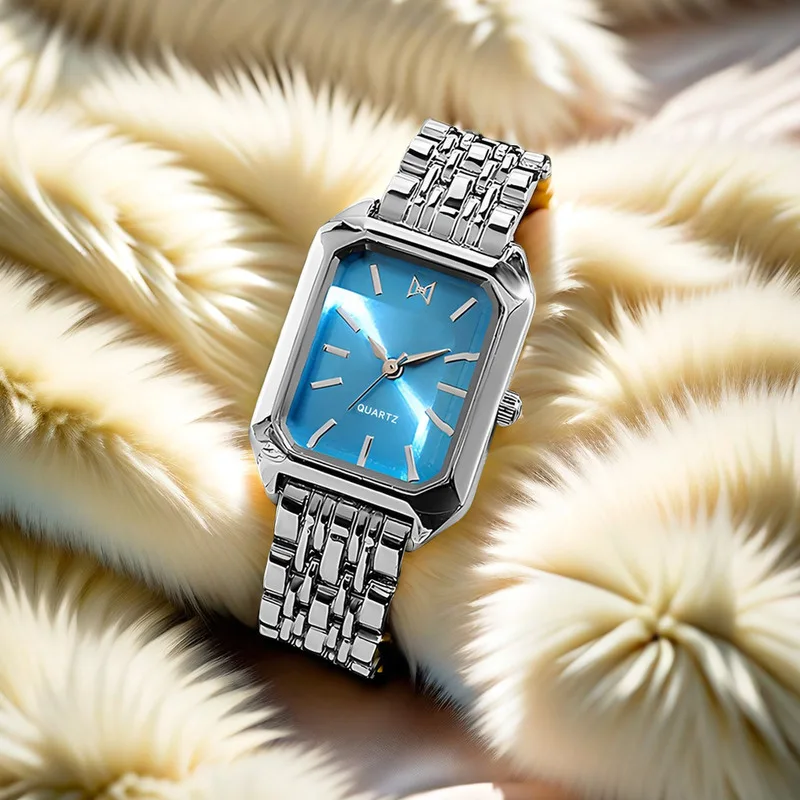 Luxury Feel Women Student Quartz Watch Simple Design Peacock Green Rectangular Steel Strap Elegant Ladies Wristwatch Girl Gifts