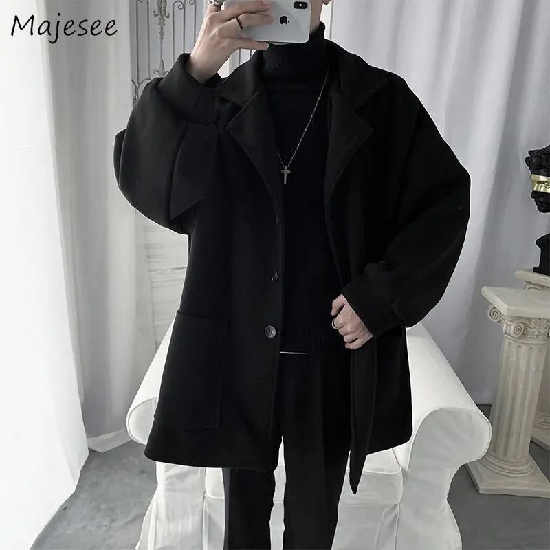 

Blends Coat Men Wool Thicker Big Pockets Handsome New Arrival Warm Gentlemen Students Fashion Ins Baggy All-match Preppy Stylish