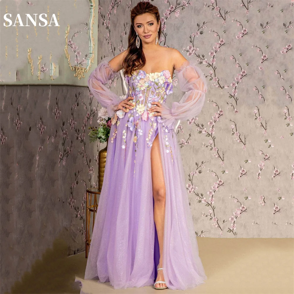 

Sansa Lavender Lace Embroidery A-line Prom Dress Lace-up Back Tulle Vestidos De Noche Detachable Puffy Sleeves Wedding Dress