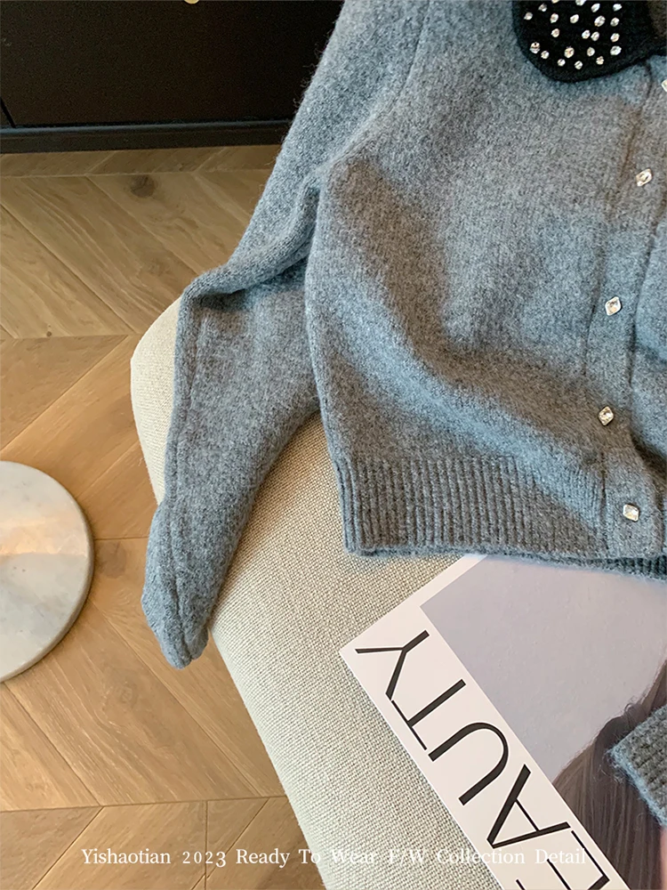 Französisch Grau Strickjacke Frauen Harajuku Kristall Diamanten Übergroßen Pullover Peter Pan Kragen Langarm Koreanische Streetwear