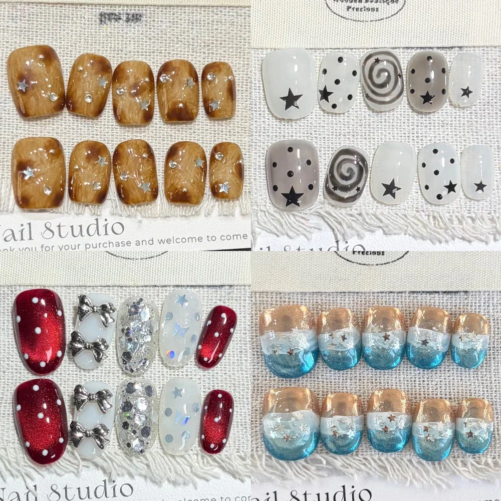 

Kawaii Short Square Round Handmade Press On Nails Pearl Diamond Bowknot Flash Cat Eyes Stars Sequins Fake Nails Christmas Gift