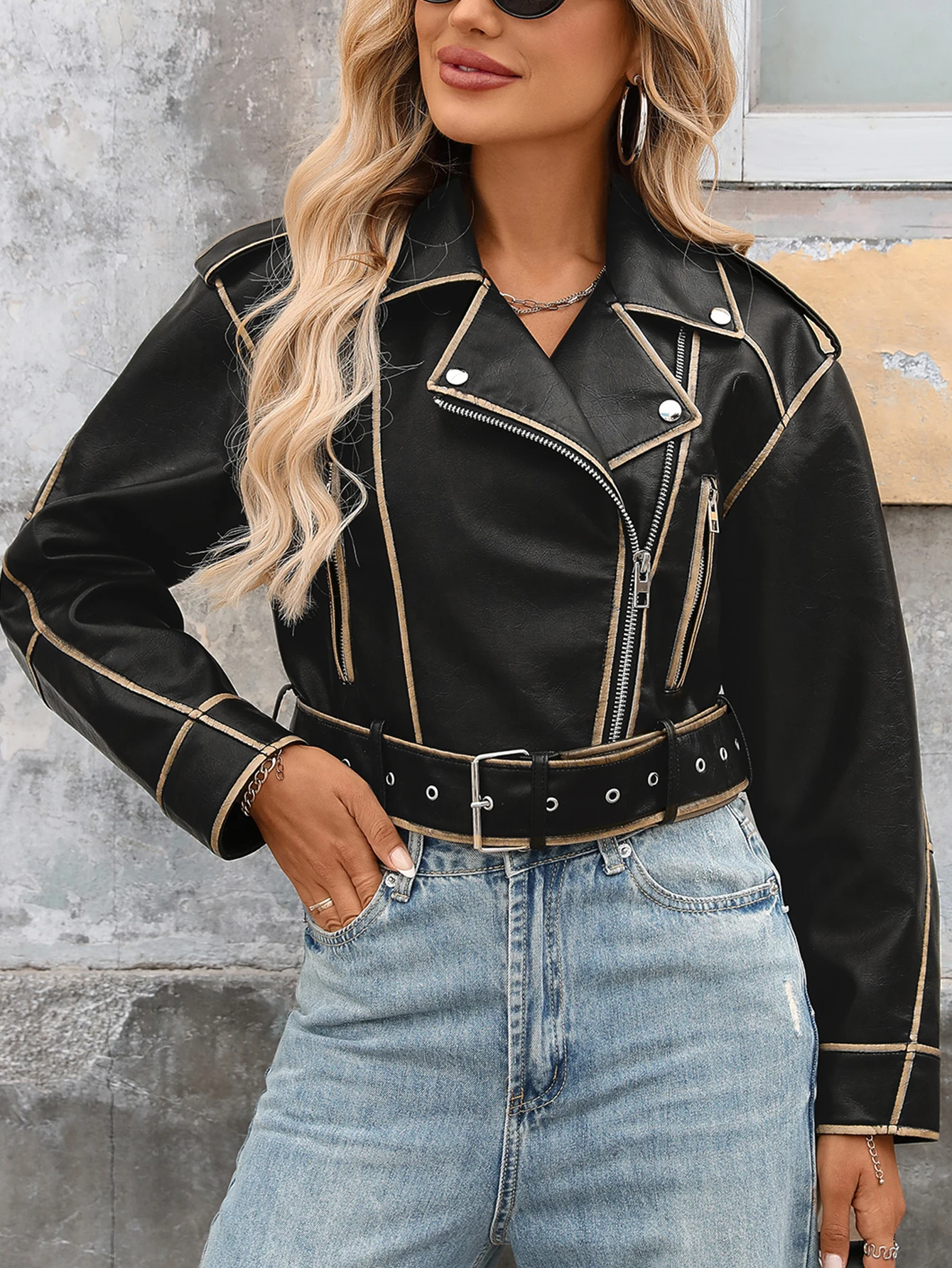 Fitaylor jaqueta feminina de couro sintético pu, casaco de motocicleta de rua alta, casual, lapela, zíper, jaqueta curta de couro