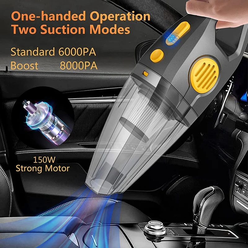 A01V-Portable Cordless Handheld Vacuum Cleaner, 150W High Power, 8000PA Strong Suction, Wet & Dry Use For House, Car