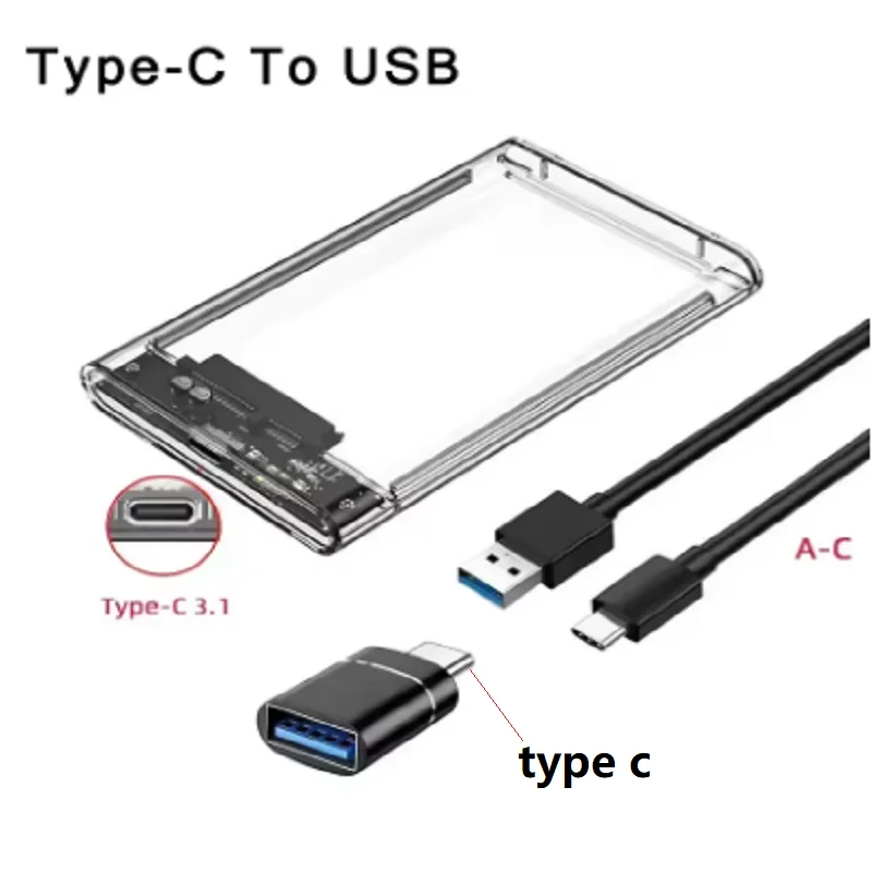 2,5 inch transparante HDD-behuizing HDD-behuizing SSD SATA naar USB 3.0 Type-C 3.1-adapter Draagbare externe harde schijfbox Gereedschapsvrij