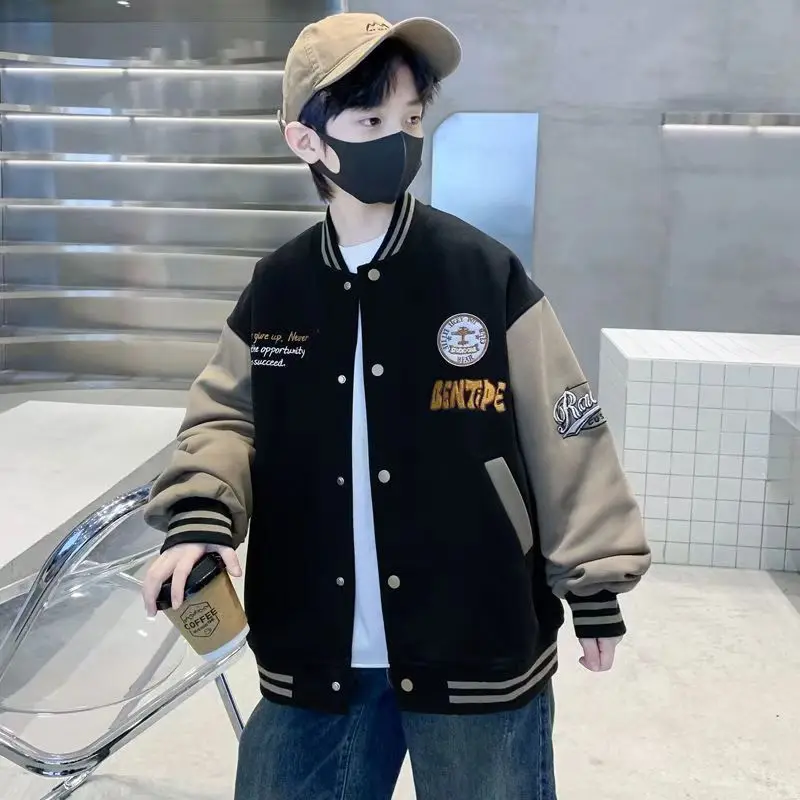 New Boys Baseball Jacket Kids Cartoon Bear Graphic Letter Print Contrast Sleeve Varsity Coat Spring Fall Casual Outerwear 4‑14 Y