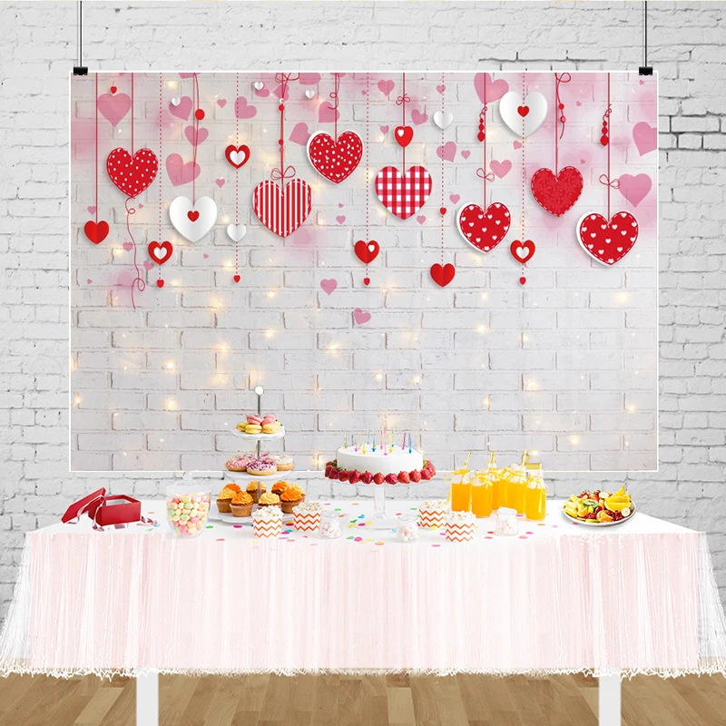 Valentines Heart Backdrop White Brick Wall Pink Hearts Party Decoration Banner Kissing Booth Photo Studio Background Photography