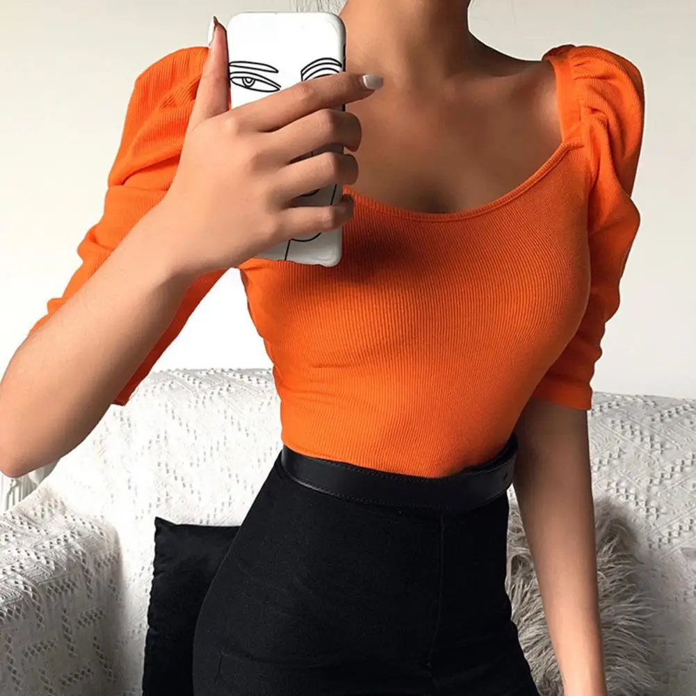 Elastic Women Top Cotton Blend Solid Color Square Collar Half Puff Sleeve T-shirt Sexy Slim Fit Short Blouse Female Chic Top