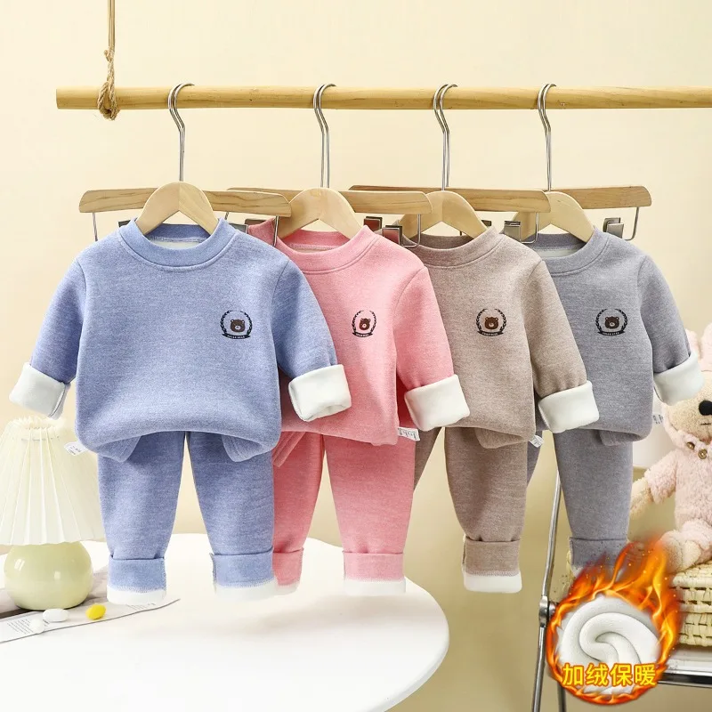 Kinder Winter Fleece Dickes Warmes Set Jungen Mädchen Unterwäsche Baby Kleinkind Herbst Oberteile Hosen Schüler Freizeithemd Kinder Outdoor