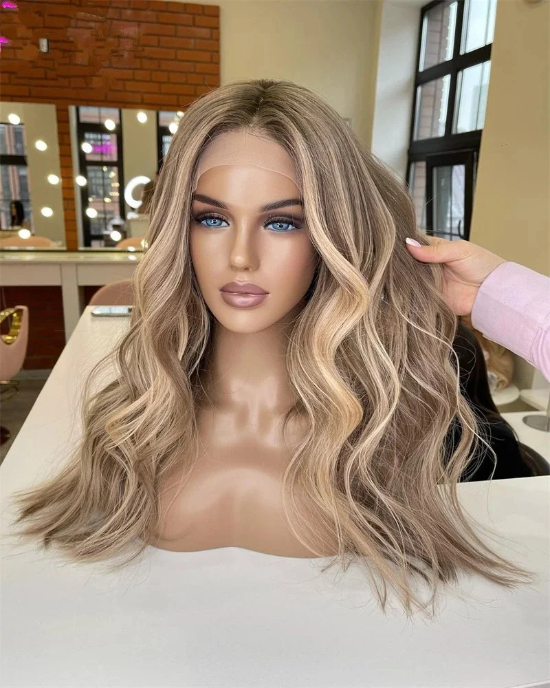 Honey Golden Blonde Darker Roots Synthetic Lace Front Wig Pre plucked Realistic Hairline Wig Natural Looking Cosplay For Women