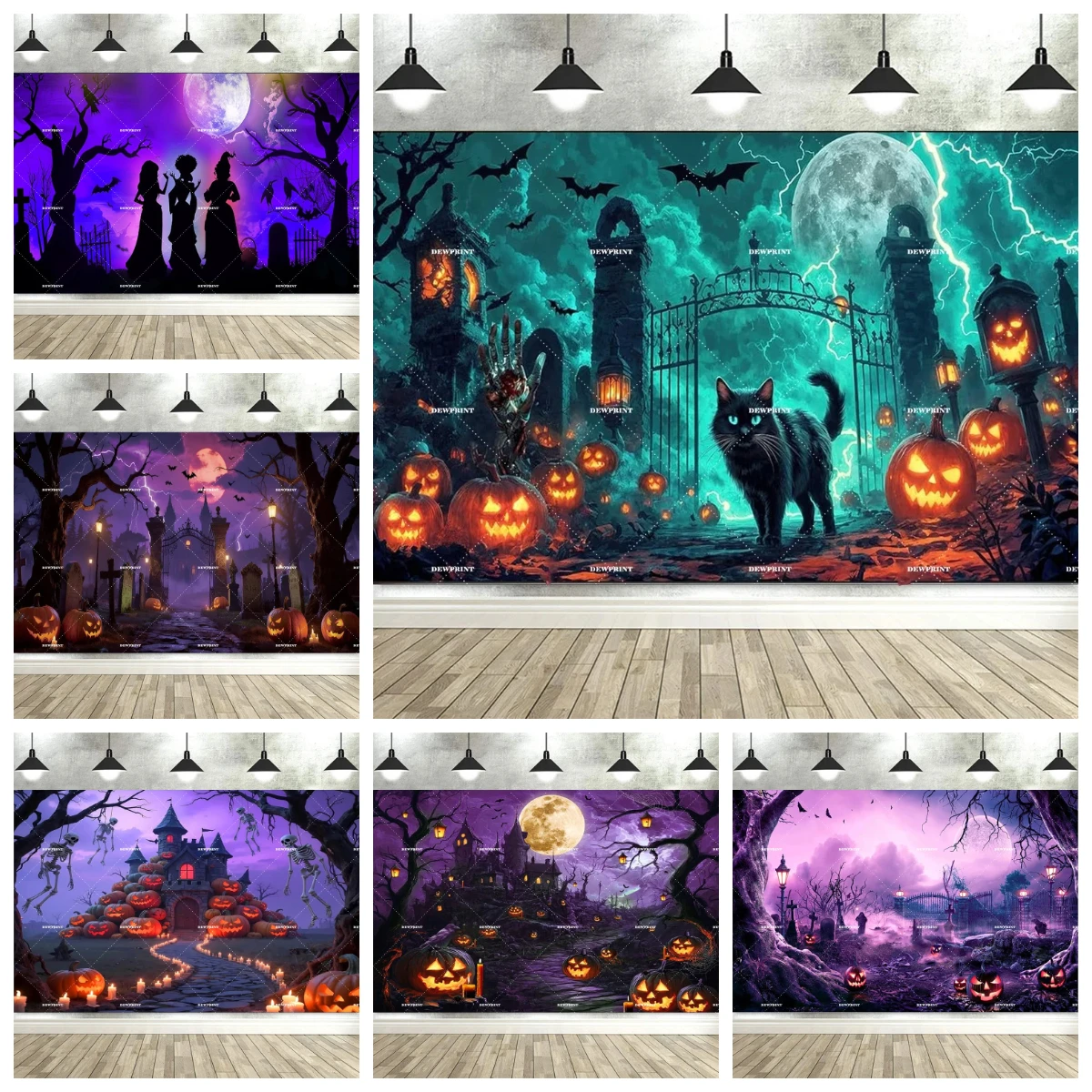 Dewprint Halloween Purple Backdrop Moon Cat Scary Night Castle Pumpkin Party Background Spooky Witch Kid Halloween Photoshoot