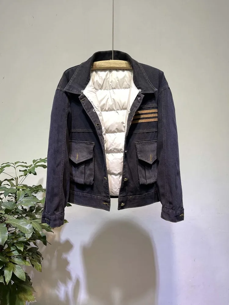 نساء موضة الثعلب الفراء طوق انفصال الدينيم الستر بطانة انفصال سترة منفوخة الشتاء سميكة الدافئة الكورية نمط معطف قصير #4