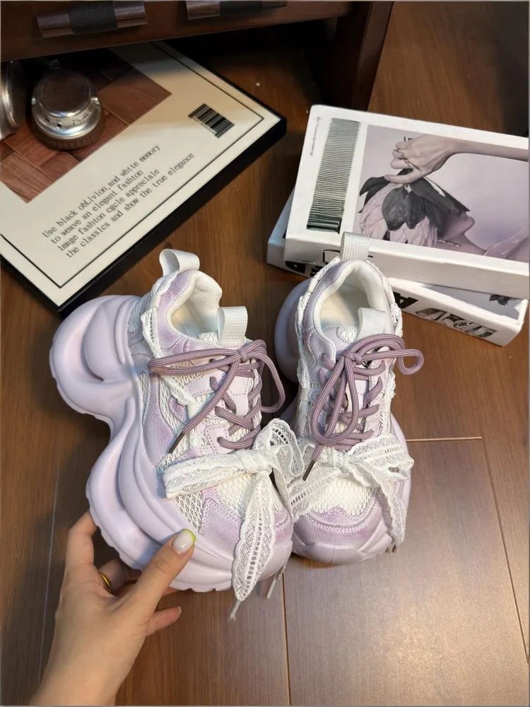 Women Sweet Running Sports Shoes Lace Bowknot Patchwork Breathable Mesh Summer Height Increasing Cushioning Platform Sneakers